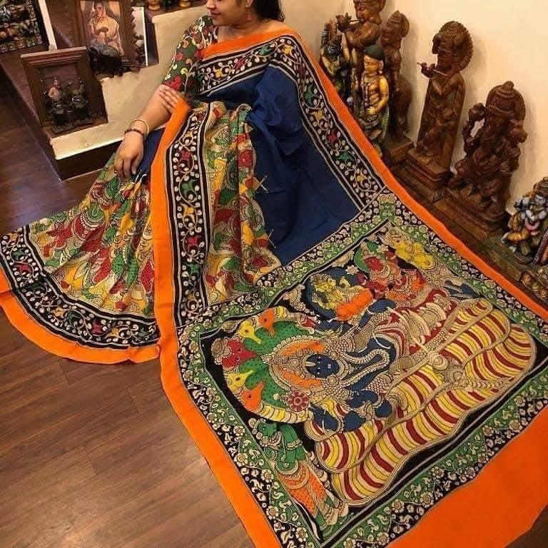 Super Night Blue with Orange border Kalamkari Linen Designer Printed Saree