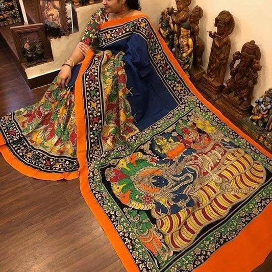 Super Night Blue with Orange border Kalamkari Linen Designer Printed Saree - Ibis Fab
