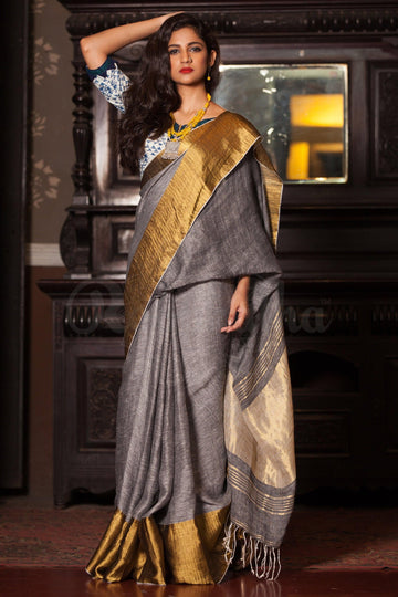 Pure linen saree in Light grey, festive wear
