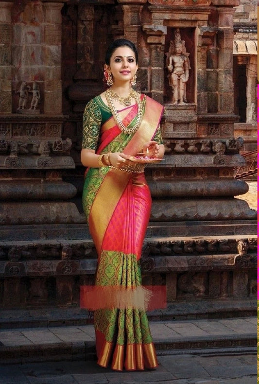 pure soft silk classy green and pink colored wedding wear saree