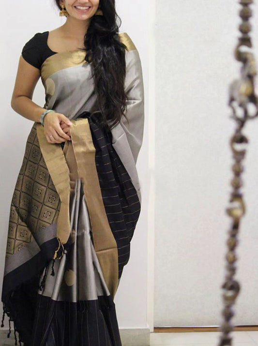pure soft silk adorning grey and black with cream colour woven saree, festive wear