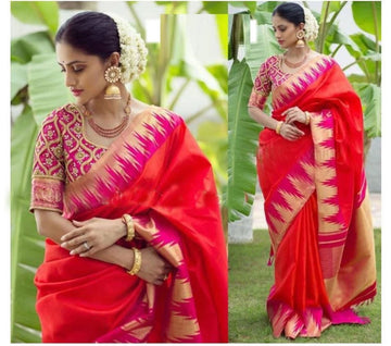 soft silk refreshing Red with cream colored wedding wear saree