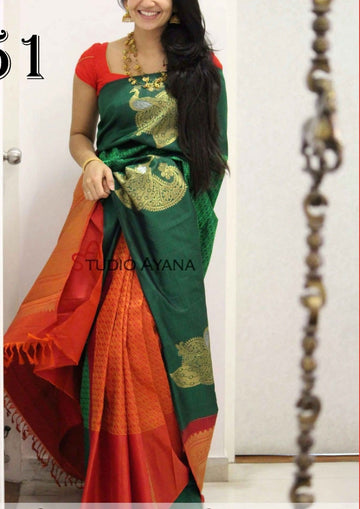 pure soft silk saree green and Orange colour , festive wear