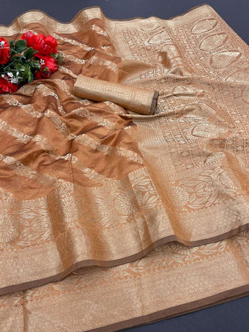 Organza Copper Silk Saree With Antique Real Zari With Attractive Rich Pallu Saree