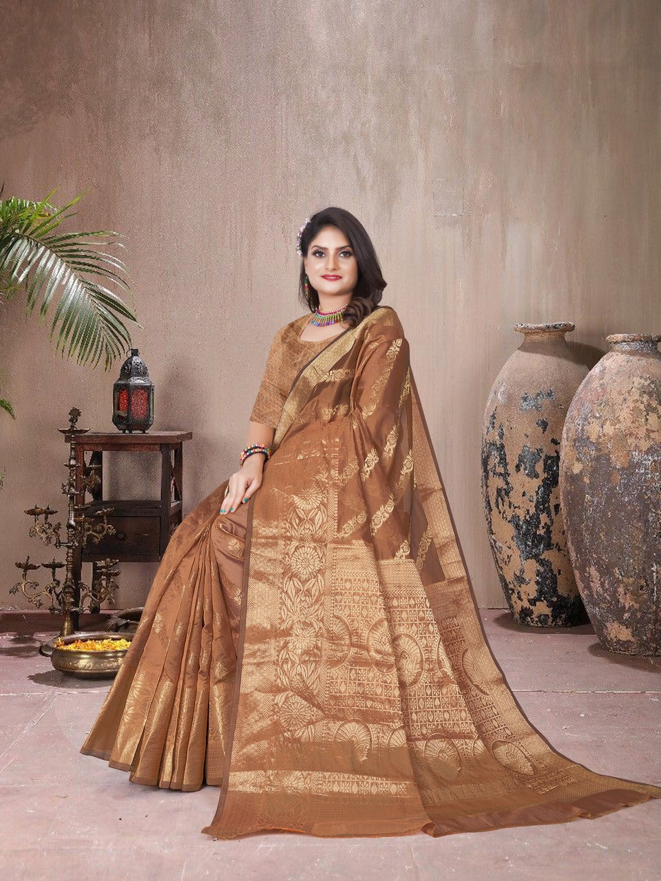 Organza Copper Silk Saree With Antique Real Zari With Attractive Rich Pallu Saree