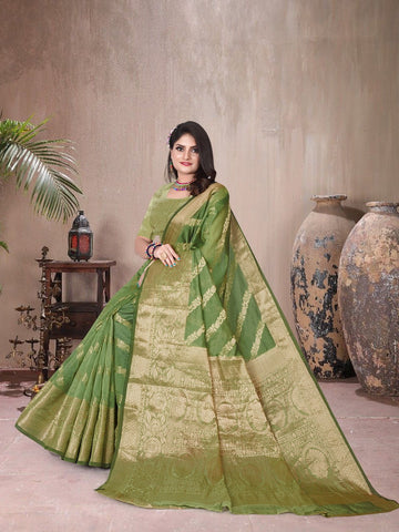 Organza Green Silk Saree With Antique Real Zari With Attractive Rich Pallu Saree