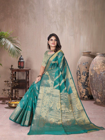 Organza Light Blue Silk Saree With Antique Real Zari With Attractive Rich Pallu Saree