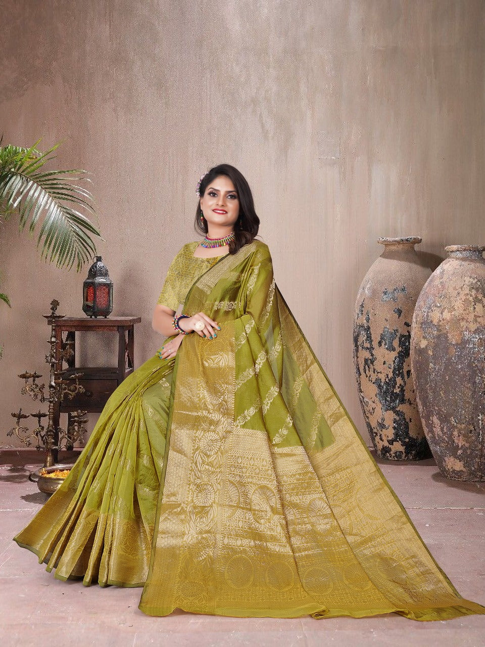 Organza Mint Silk Saree With Antique Real Zari With Attractive Rich Pallu Saree