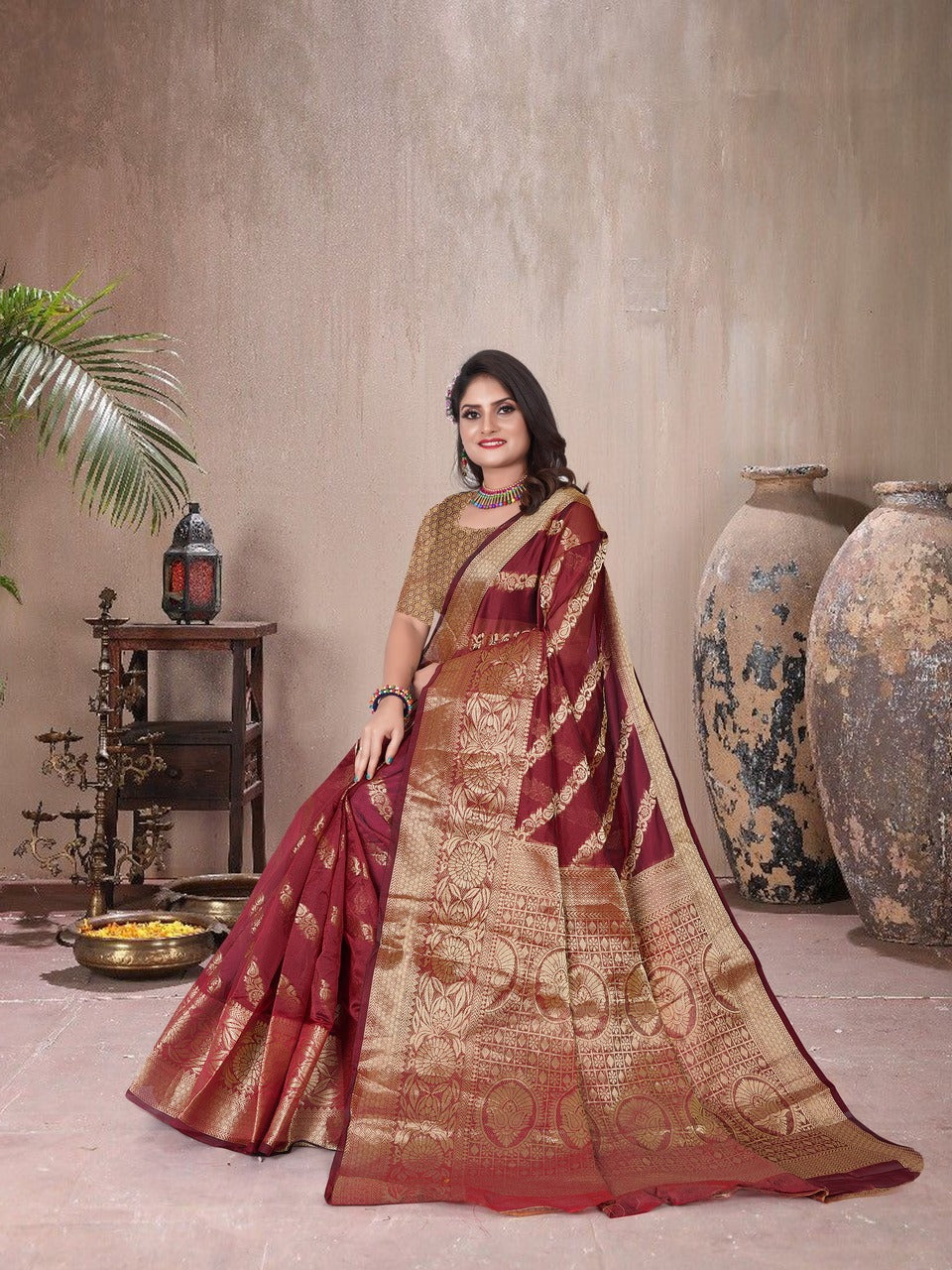 Organza Red Silk Saree With Antique Real Zari With Attractive Rich Pallu Saree