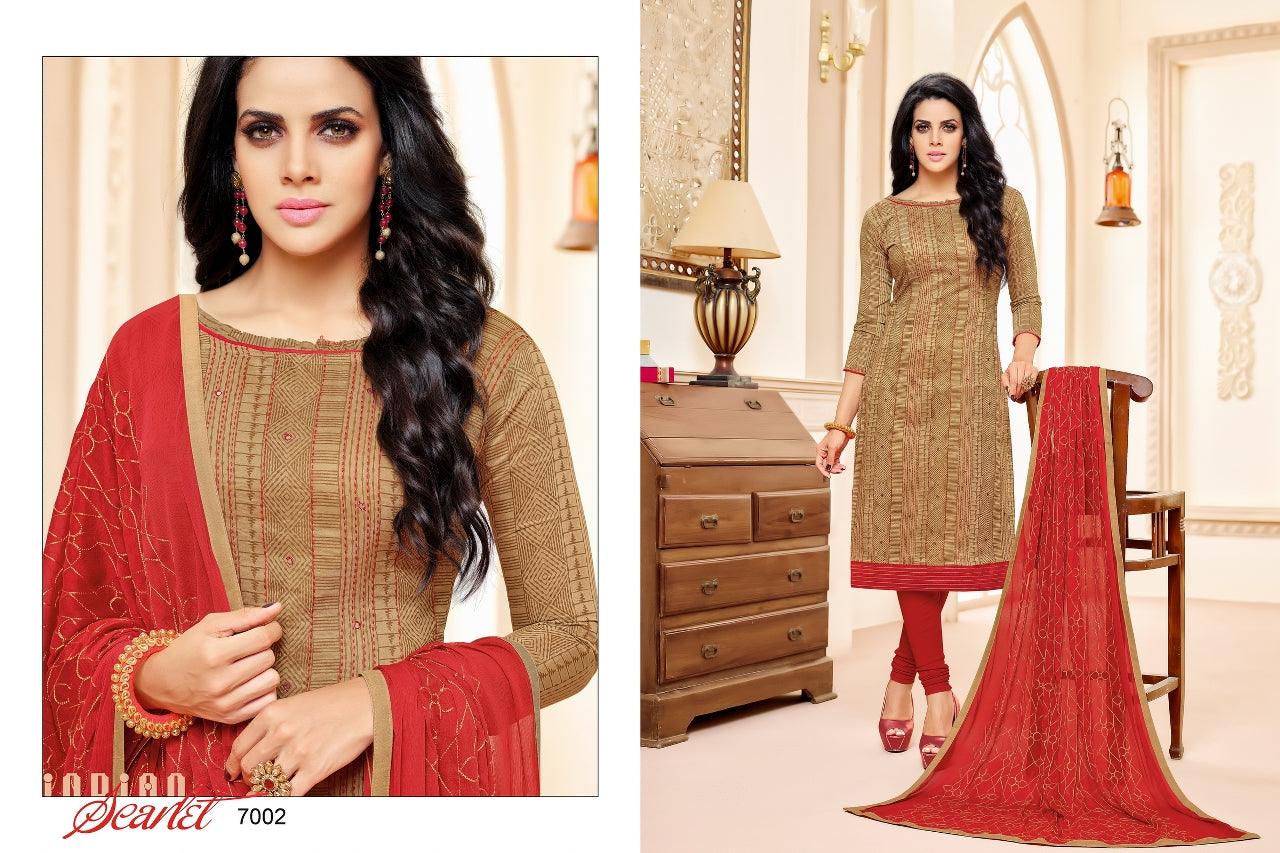 Soulful Beige Colored Embroidered  Mirror Worked Chanderi Cotton Dress Material