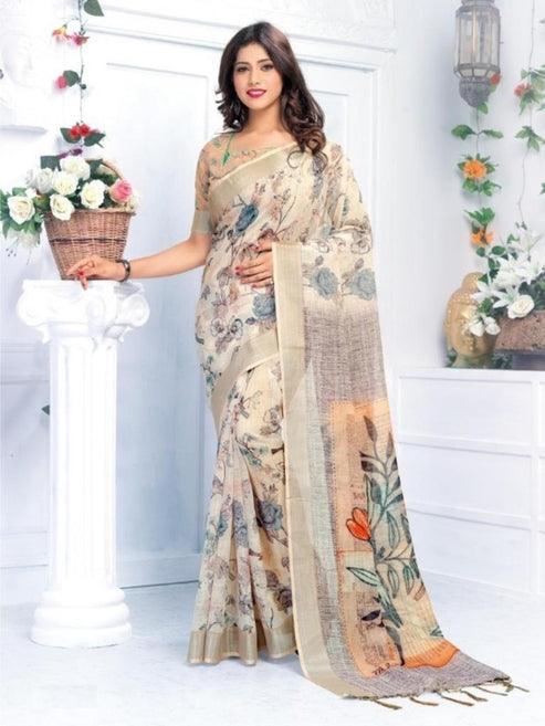 Pure linen saree in Beige, printed festive wear - Ibis Fab