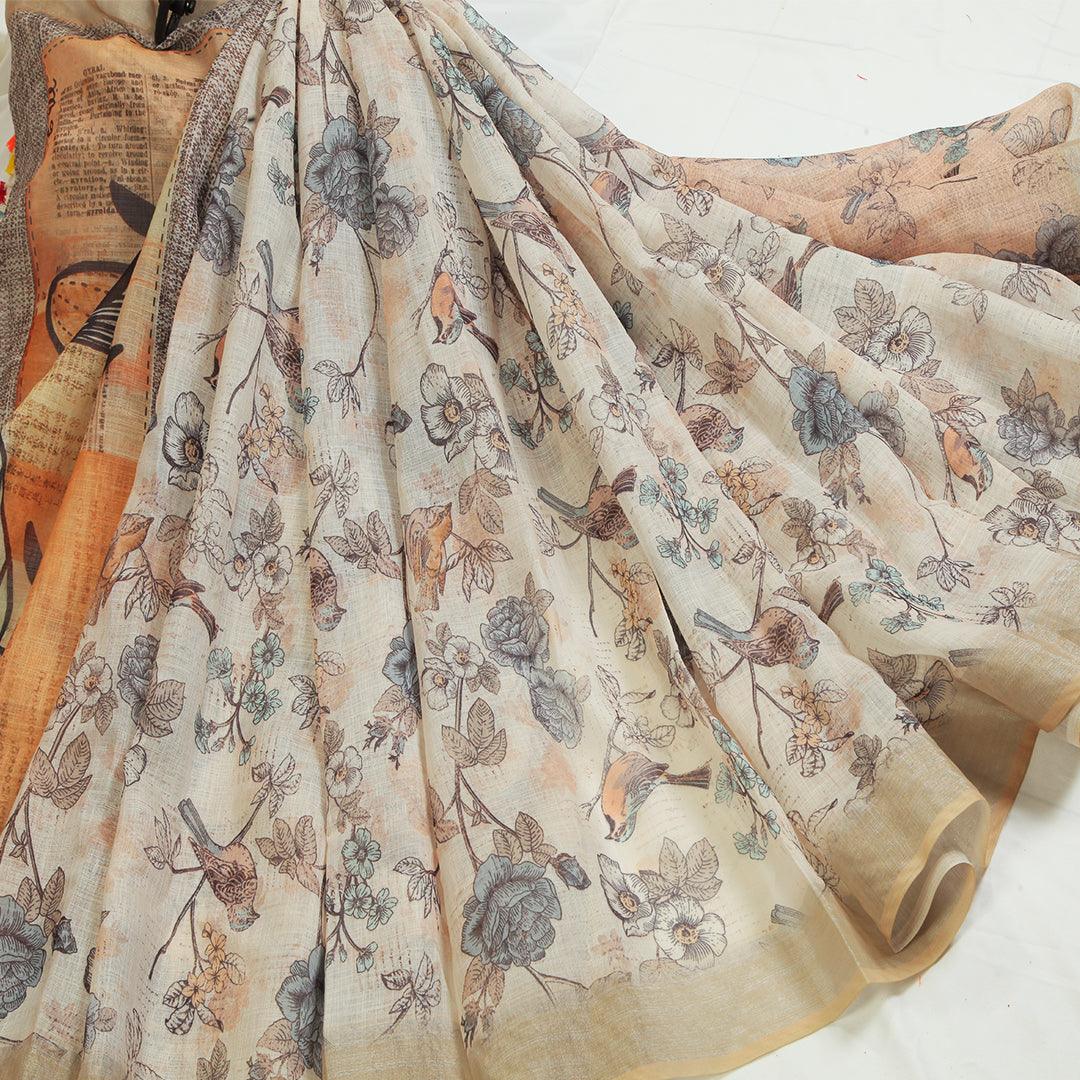 Pure linen saree in Beige, printed festive wear - Ibis Fab