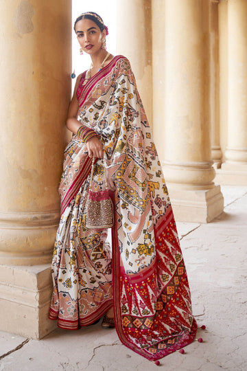 Pure Soft Silk White and Red Color Patola Saree