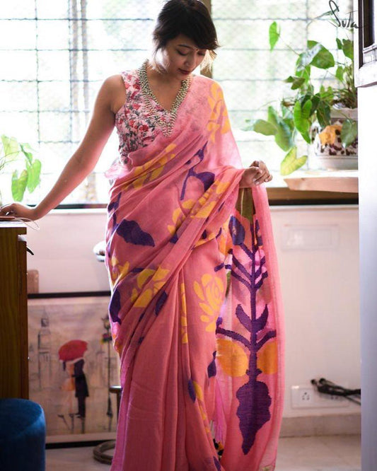 Pleasant Light Pink Colored Printed Pure Linen Saree - Ibis Fab