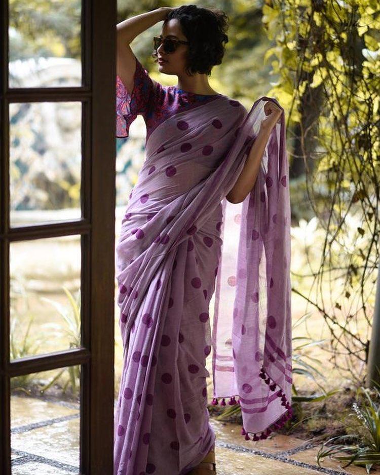 Intricate Purple Colored Printed  Pure Linen Saree