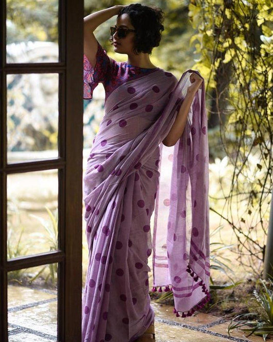 Intricate Purple Colored Printed Pure Linen Saree - Ibis Fab