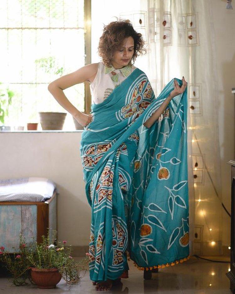 Starring Sky Blue Colored Party Wear Printed Pure Linen Saree