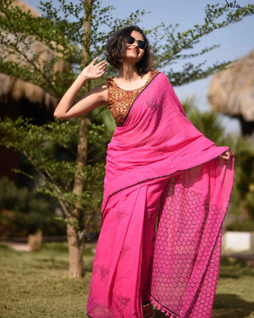 Jazzy Pink Colored Festive Wear Pure Linen  Saree