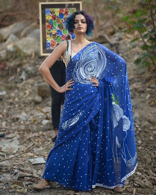Starring Blue Pure Linen Designer Saree - Ibis Fab