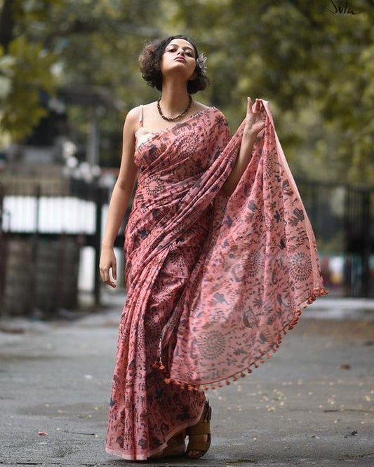 Prominent Rosy brown Pure Linen Designer Saree - Ibis Fab