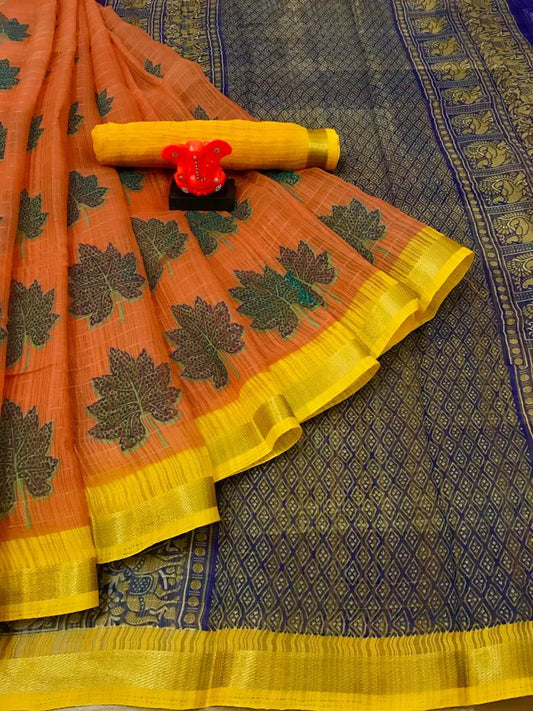 Gleaming Orange Colored Casual Printed Fancy Cotton Saree