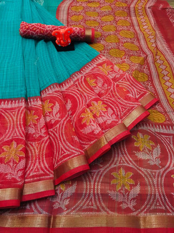 Elegant Light Blue And Red Colored Casual Printed Fancy Linen Cotton Saree