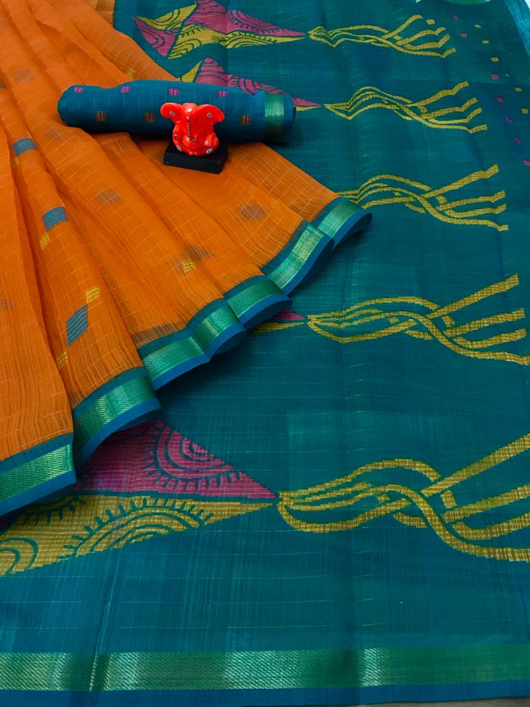 Impressive Orange And Rama Colored Casual Printed Fancy Cotton Saree