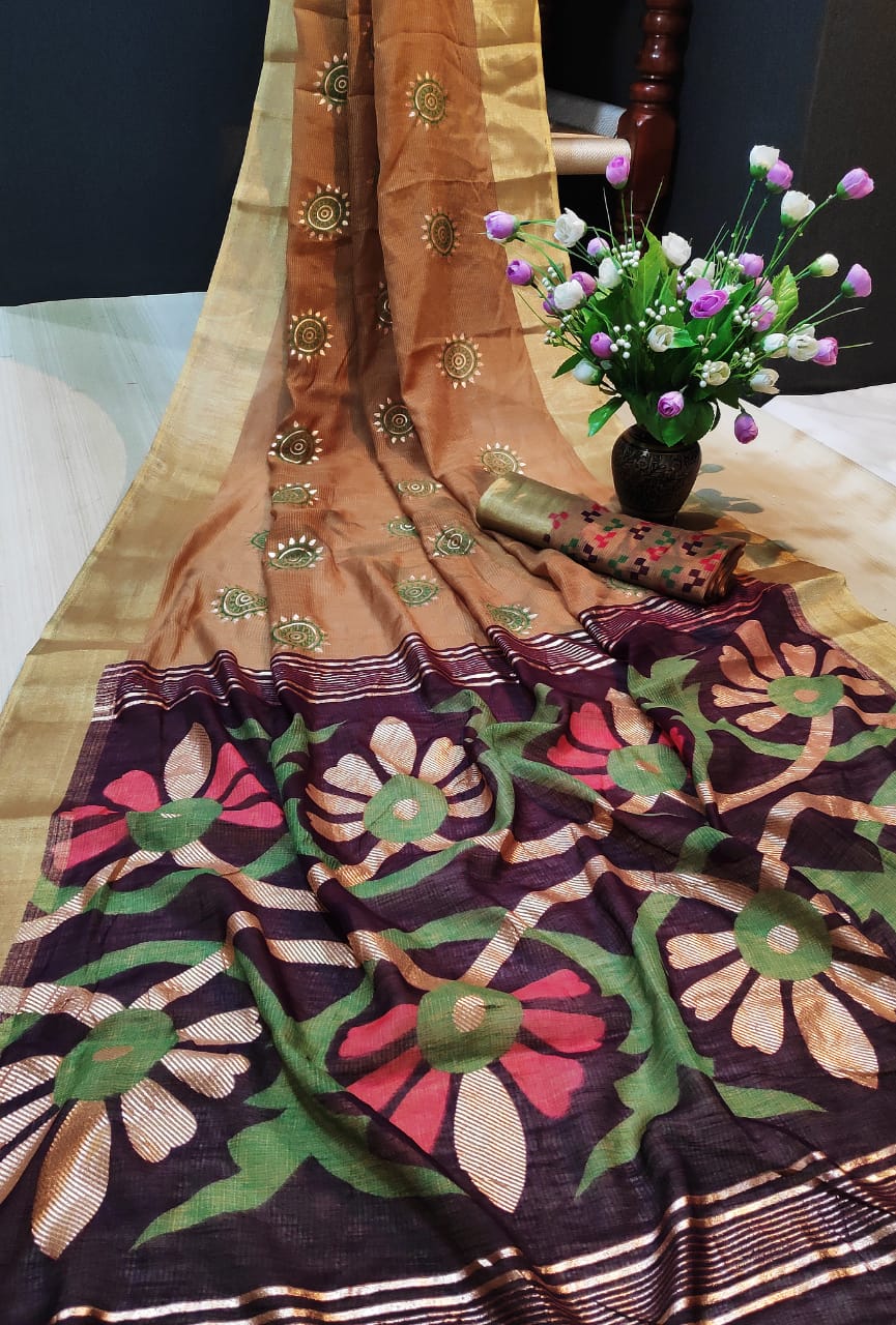 Impressive Multi Colored Festive Wear Printed Linen Cotton Saree