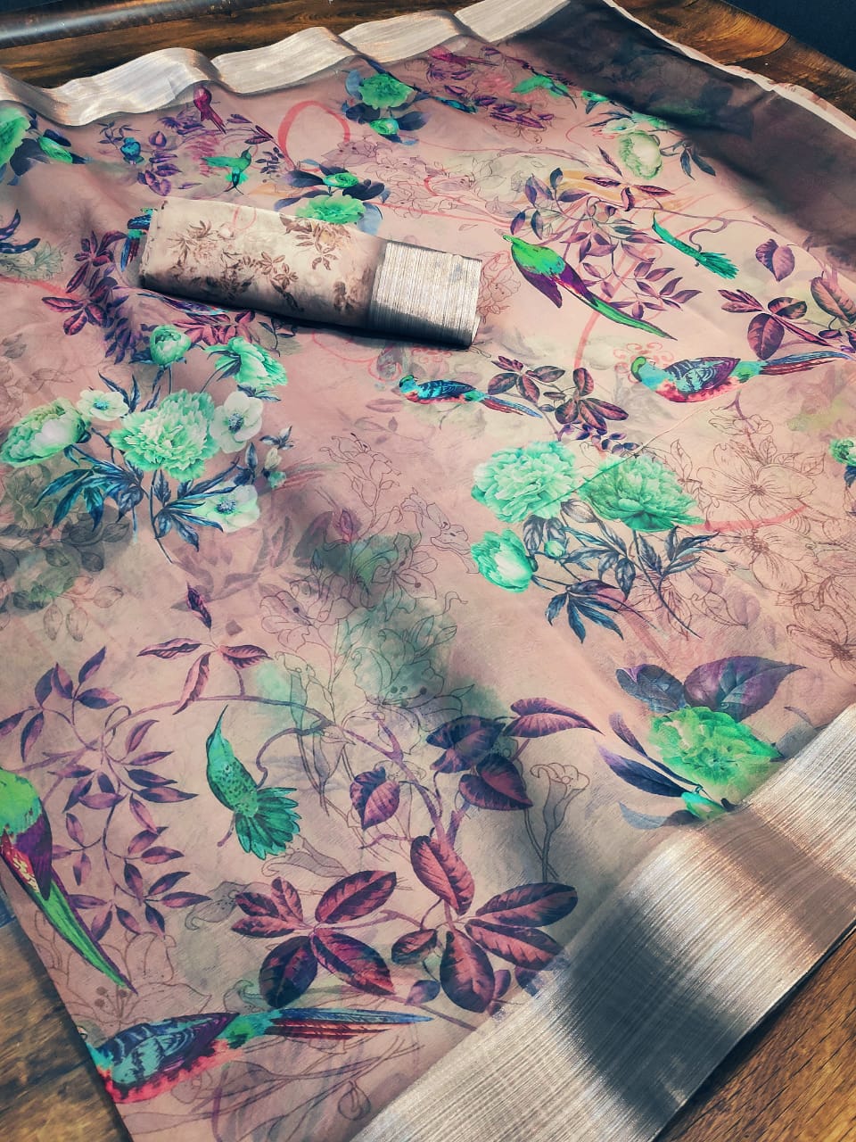 Desiring Pure Linen Multi Colored Festive Wear Printed Saree