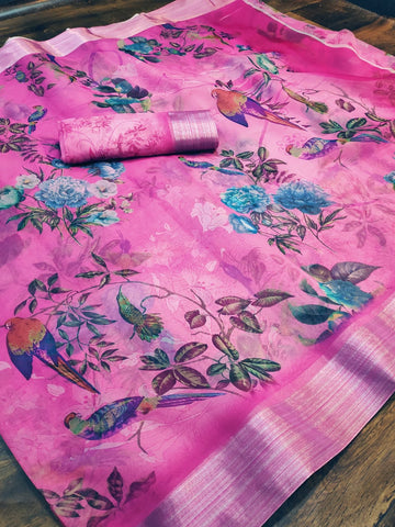 Glorious Pure Linen Pink Colored Festive Wear Printed Saree