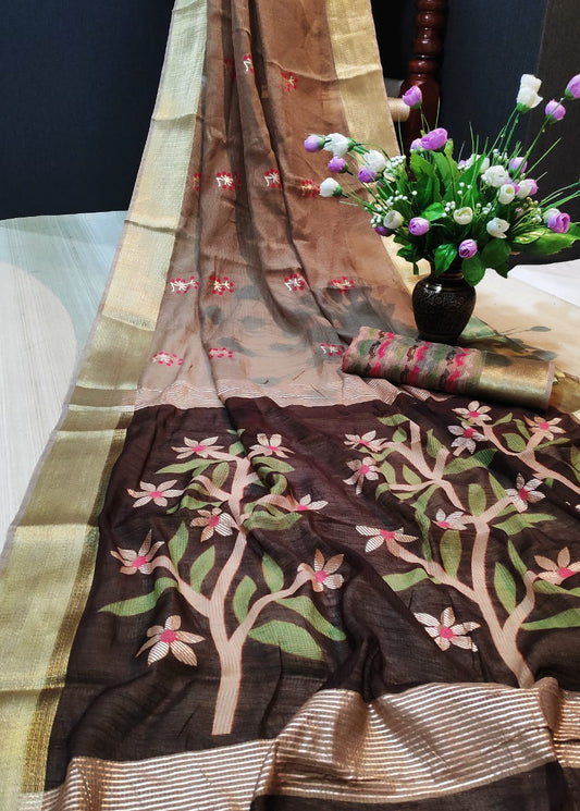 Sensational Pure Linen Brown Colored Festive Wear Printed Saree