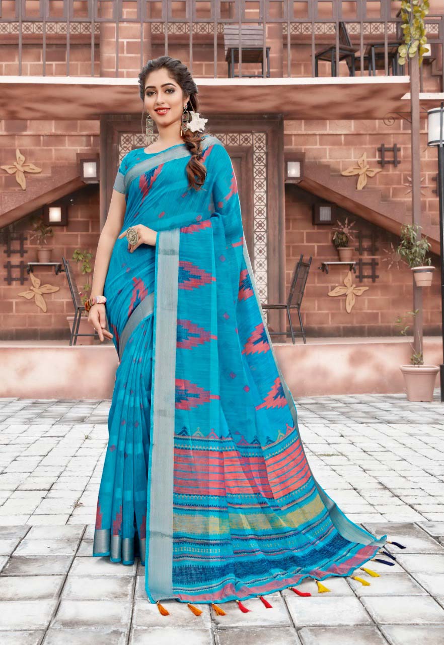 Entrancing Pure Linen Sky Blue Colored Casual Printed Saree