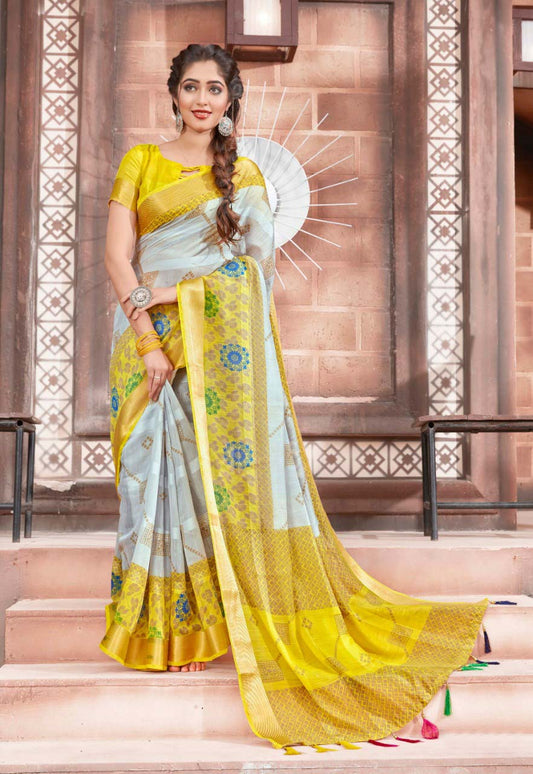 Ideal Pure Linen Yellow And Grey Colored Casual Printed Saree