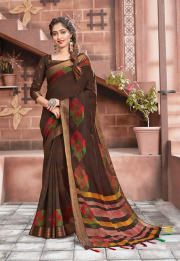 Flirty Pure Cotton Brown Colored Casual Printed Saree