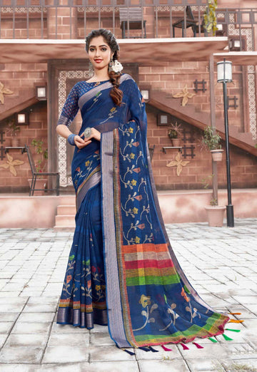 Gorgeous Pure Cotton Night Blue Colored Casual Printed Saree