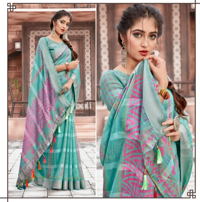 Gorgeous Pure Cotton Light Blue Colored Casual Printed Saree
