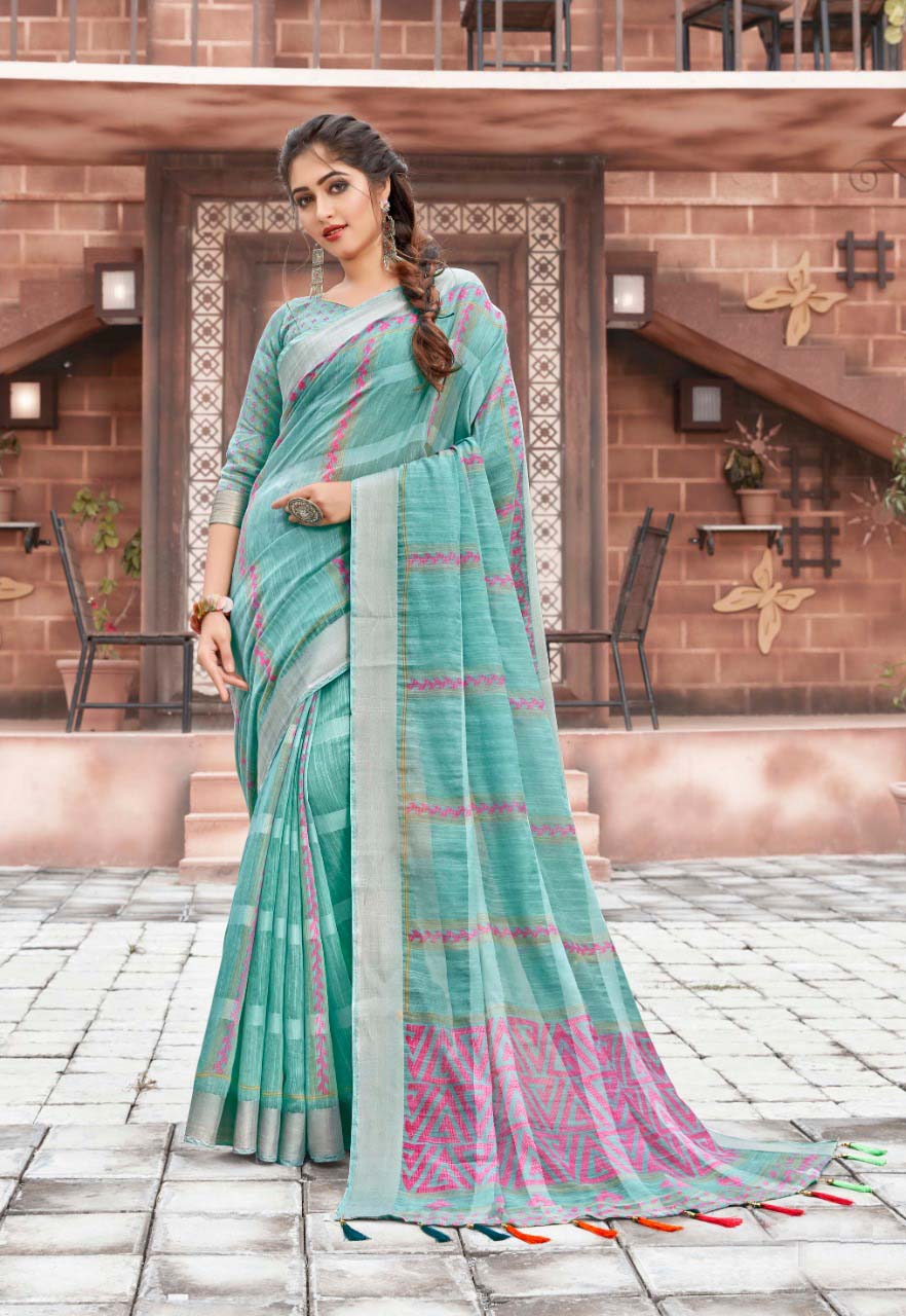 Gorgeous Pure Cotton Light Blue Colored Casual Printed Saree