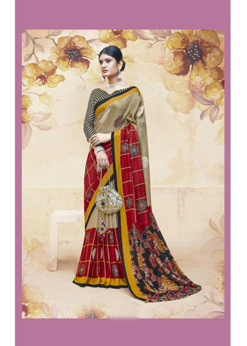 Mesmeric Linen jute Tan and red colour  Colored Casual Printed Saree