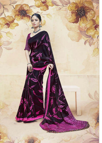 Innovative Linen jute Black And Pink Colored Casual Printed Saree
