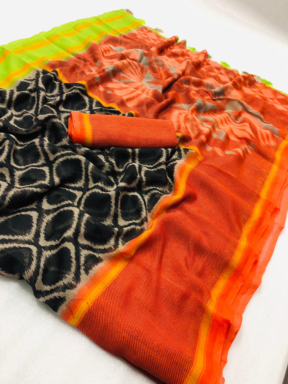 Elegant Pure Linen Black And Orange Colored Casual Printed Saree