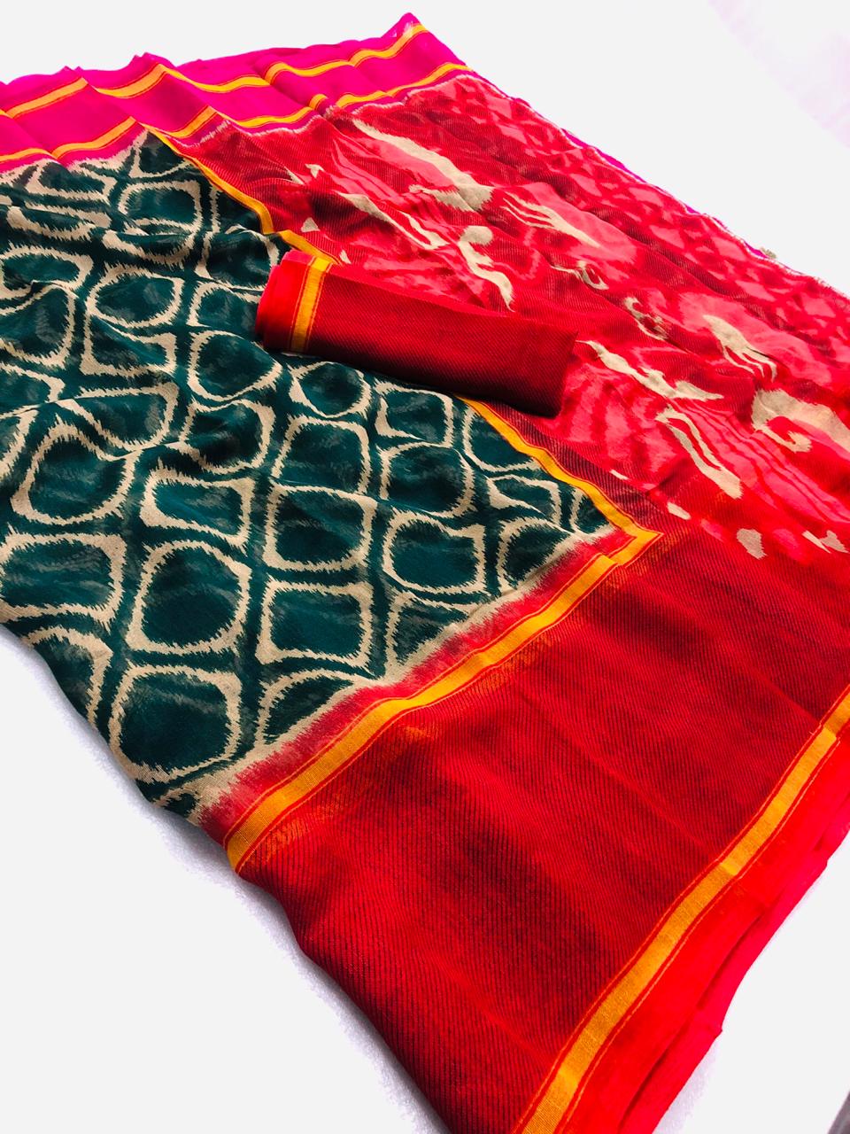 Flamboyant Pure Linen Rama And Red Colored Casual Printed Saree