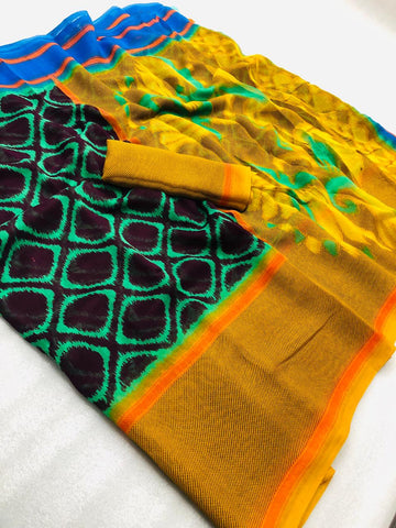 Entrancing Pure Linen Yellow Colored Casual Printed Saree