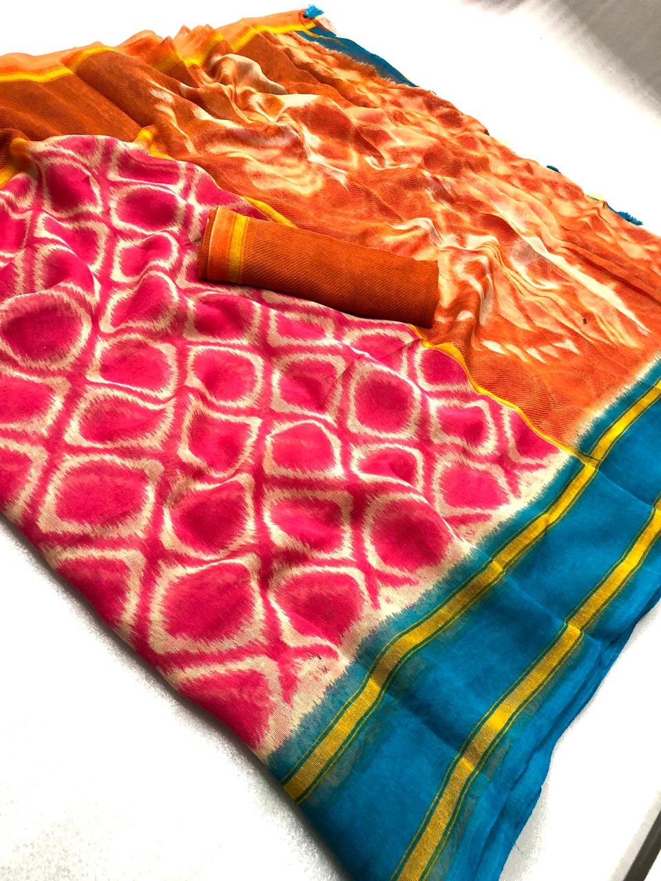 Flaunt Pure Linen Pink And Orange Colored Casual Printed Saree