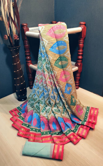 Innovative Linen Cotton Multi Colored Casual Printed Saree