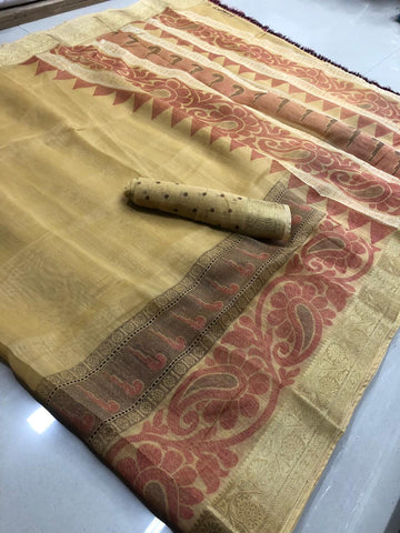 Charming Linen Beige Colored Casual Printed Saree