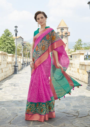 Sophisticated Pure Linen Pink Colored Casual Printed Saree