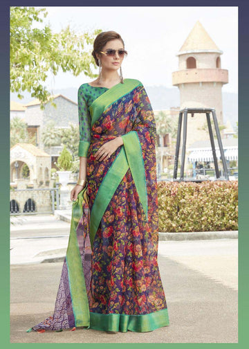Majesty Pure Linen Green Colored Casual Printed Saree