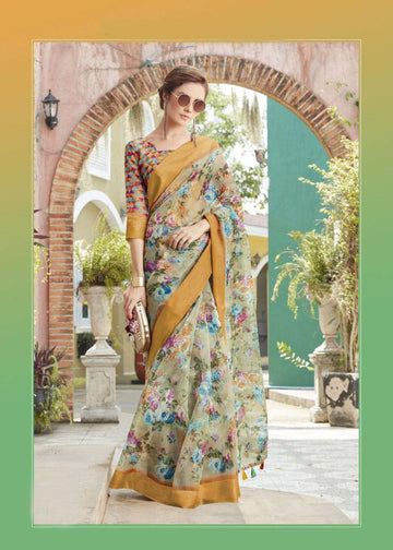 Surpassing Pure Linen Multi Colored Casual Printed Saree