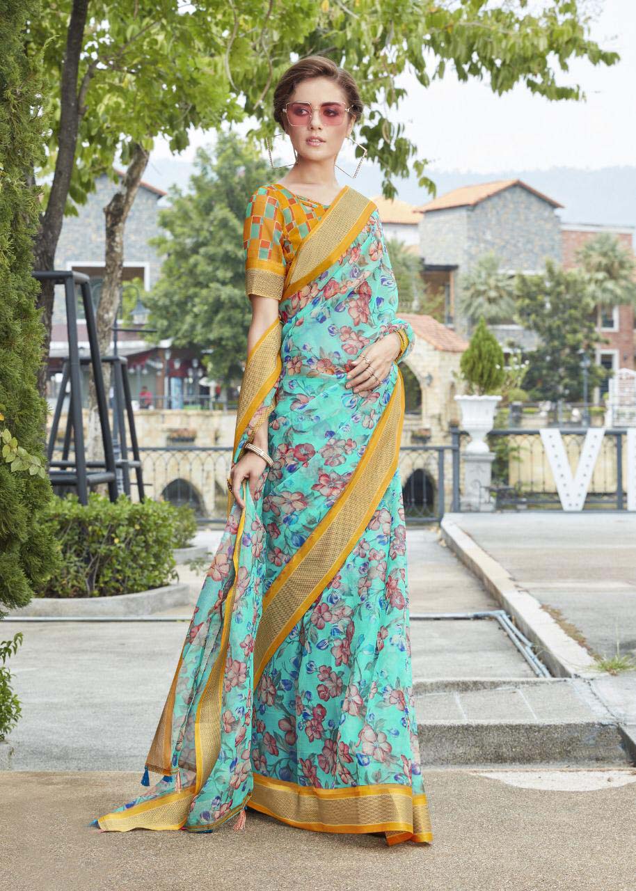 Trendy Pure Linen Light Blue Colored Casual Printed Saree