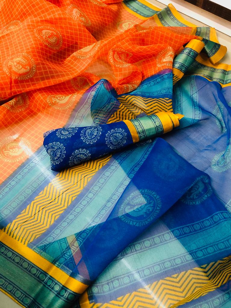 Impressive Pure Linen Orange And Blue Colored Casual Printed Saree